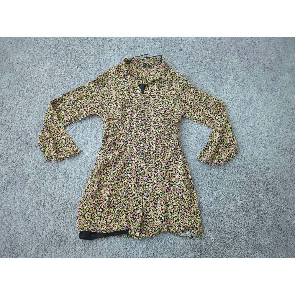 Zara Shirt Dress Womens L Floral Ditsy Long Sleeve Lined Mini Button Up Y2K Boho